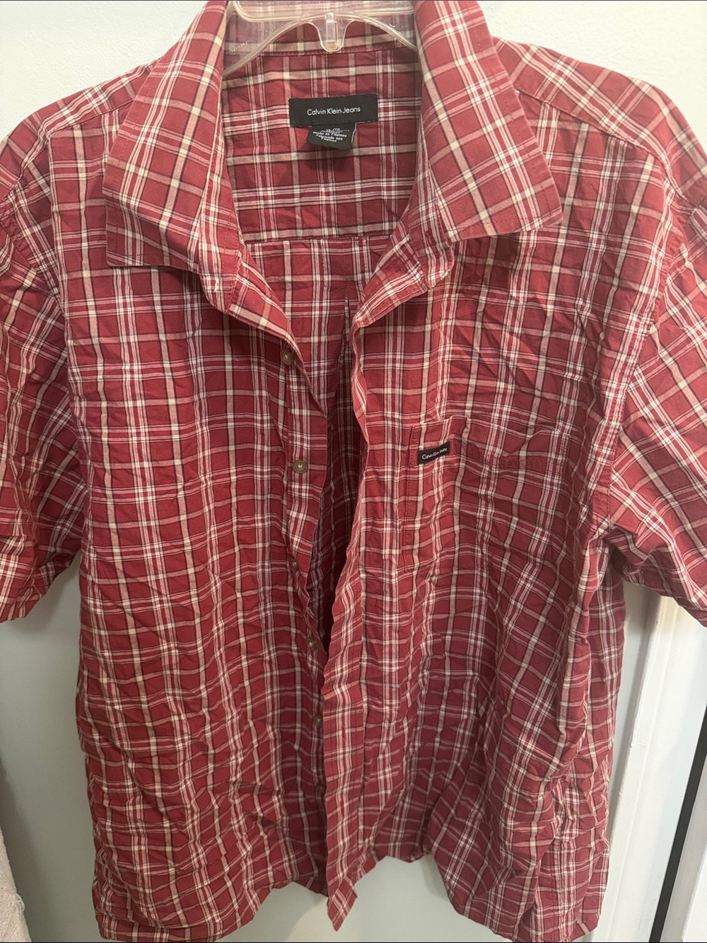Calvin Klein Jeans Red and White Plaid Short Sleeve Button-Down Shirt